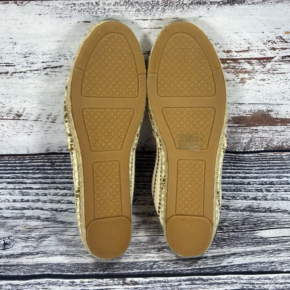 NEW Tory Burch Shaw Espadrille White Tan Logo Canvas Flats Women’s Size 10
